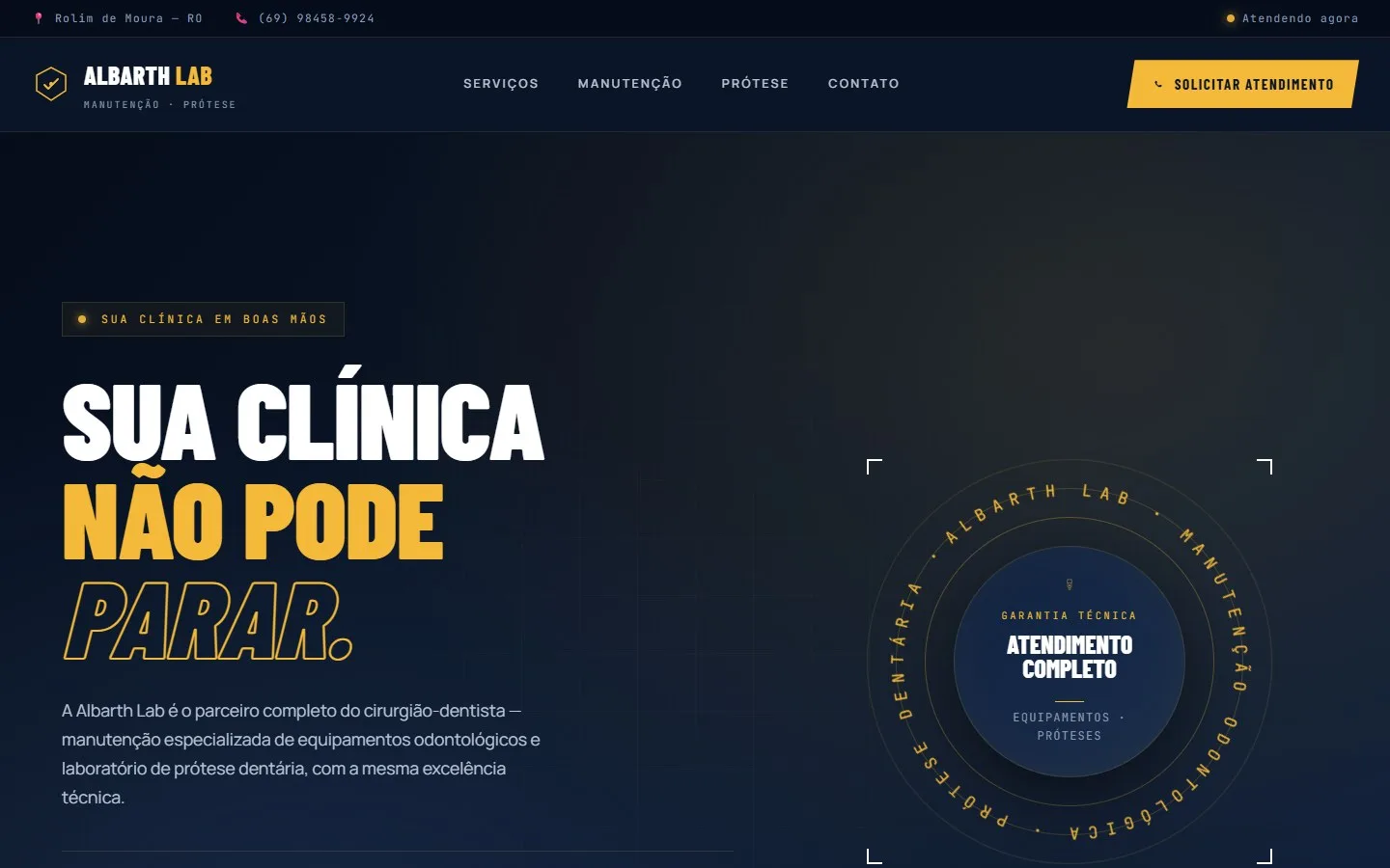 Topo do site da Albarth Lab com o título Sua clínica não pode parar
